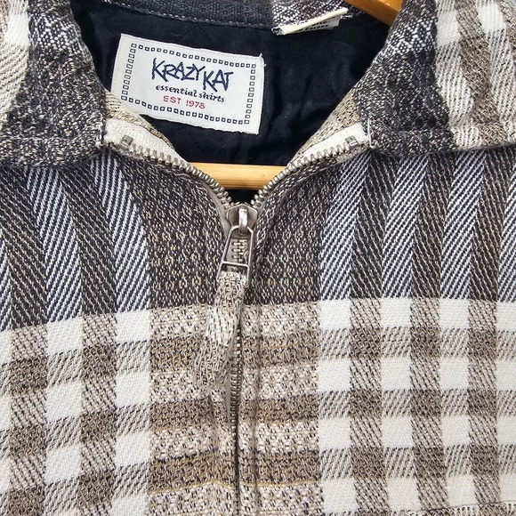 Flannel Plaid Shirt Jacket Womens L XL Black Tan Zip Shacket Cabin 90s KRAZY KAT - Picture 7 of 11
